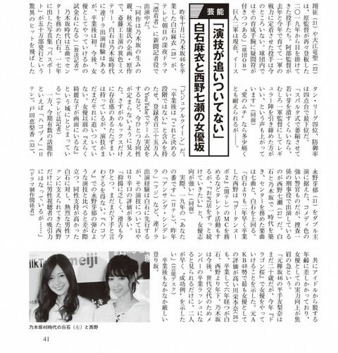 【元乃木坂46】文春「白石麻衣は演技がルックスに追いついていない。西野七瀬は棒読みで滑舌も悪く下手」