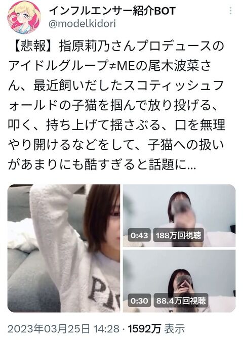 【悲報】≠ME尾木波菜さんが猫虐待疑惑で炎上