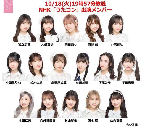 【AKB48】NHK「うたコン」出演メンバー発表！