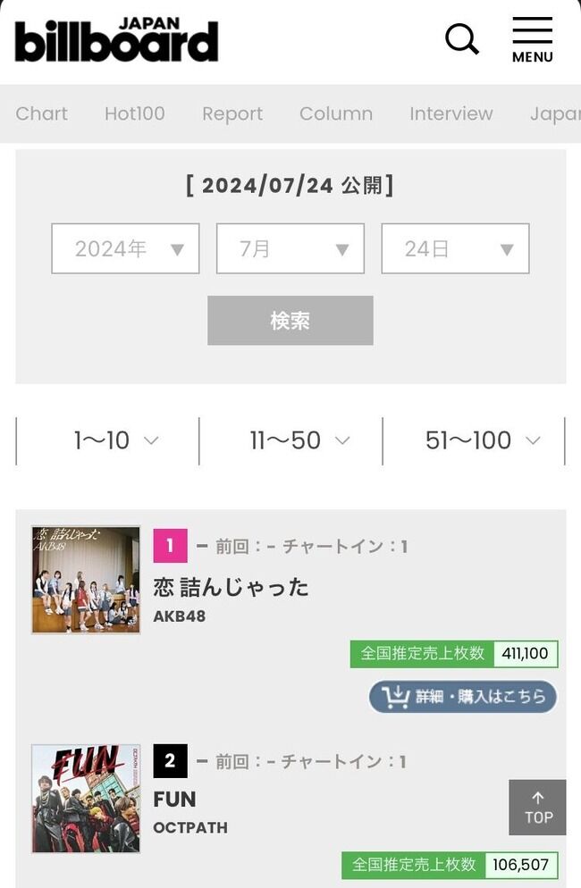 【AKB48】「恋 詰んじゃった」初登場3位【Billboard JAPAN】
