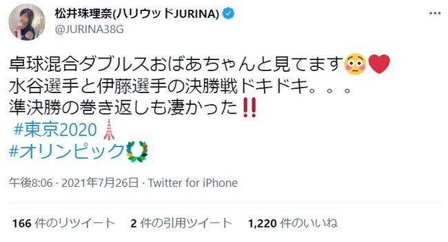 宮脇咲良が出演しているテレビ番組放送中の松井珠理奈さん「卓球見てます。」【東京オリンピック・SKE48・HKT48・IZ*ONE】