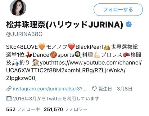 【元SKE48】松井珠理奈さん、Twitterプロフィールに「モモノフ」を追加する