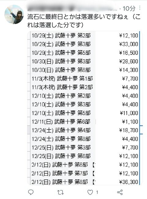【悲報】武藤十夢さんのガチオタ、お話し会に40万円分以上申し込みをするも落選多数…