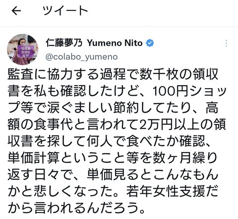 【Colabo】仁藤夢乃さん「監査協力で調べたら涙ぐましい節約や、高額食事も単価は激安で悲しくなった」