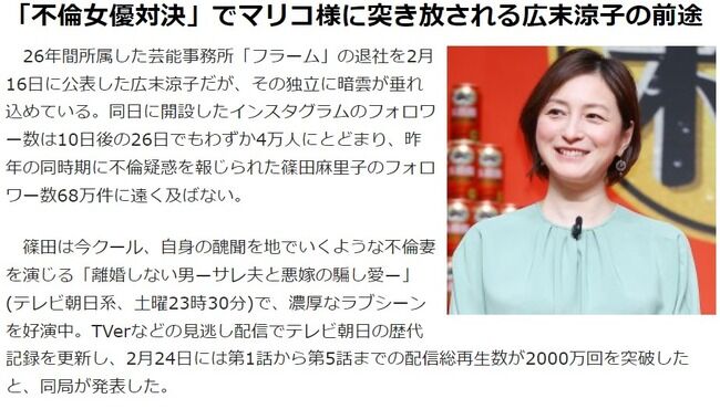 「不倫女優対決」で篠田麻里子様に突き放される広末涼子の前途【元AKB48】