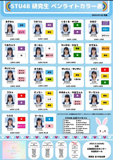 【STU48】研究生のペンライトカラー表がコチラになります!