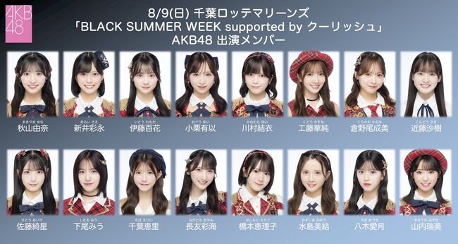 【朗報】AKB48が・8月9日（日）千葉ロッテマリーンズ 「BLACK SUMMER WEEK supported by クーリッシュ」に出演決定！佐藤綺星がセレモニアルピッチ！！