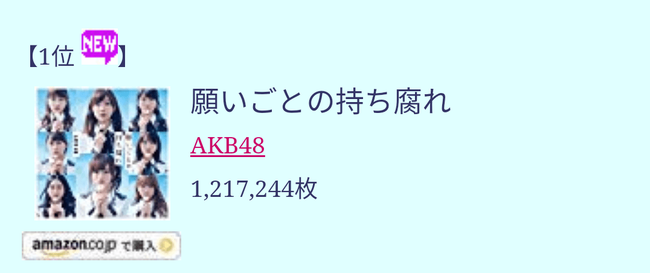 【速報】AKB48「願いごとの持ち腐れ」オリコン初日売上は1,217,244枚!!!