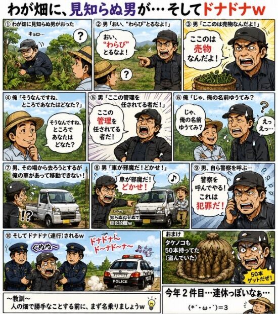 畑にいた見知らぬ男に声をかけたら警察を呼ばれる→男が自分で呼んだ警察に連れて行かれる