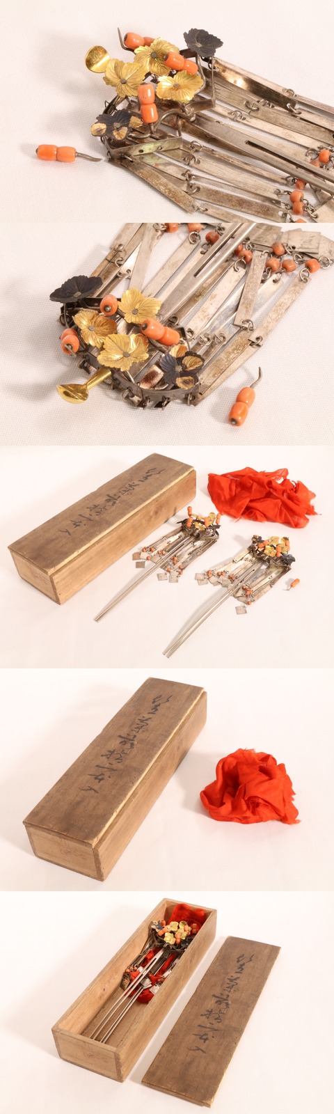 Ant.Q《和装 小物》 時代 銀製 扇抜形 金 珊瑚 細工 装飾 簪 二本 木箱 古裂 付 髪飾 かんざし 櫛 笄 珊瑚 金工 象嵌