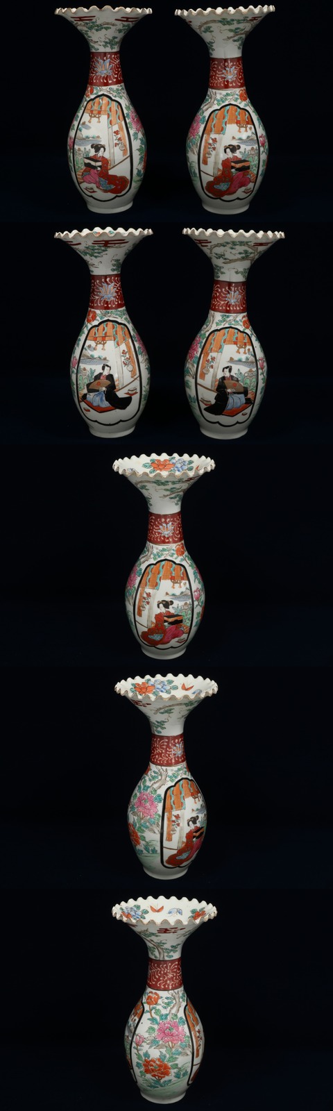 伊万里》 古伊万里 肥蝶山 色絵 飾壺 一対 窓絵 美人 人物 花卉 草花