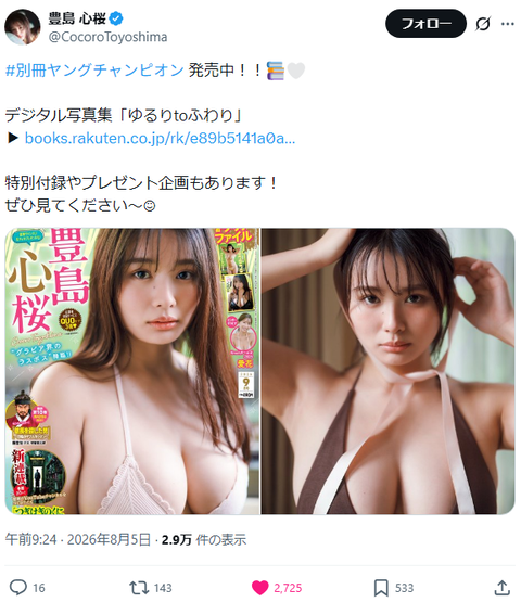 豊島心桜「別冊ヤングチャンピオン」水着グラビア