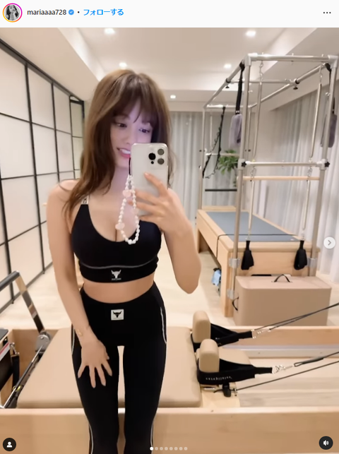 谷まりあ谷間ジムウェアインスタ自撮り