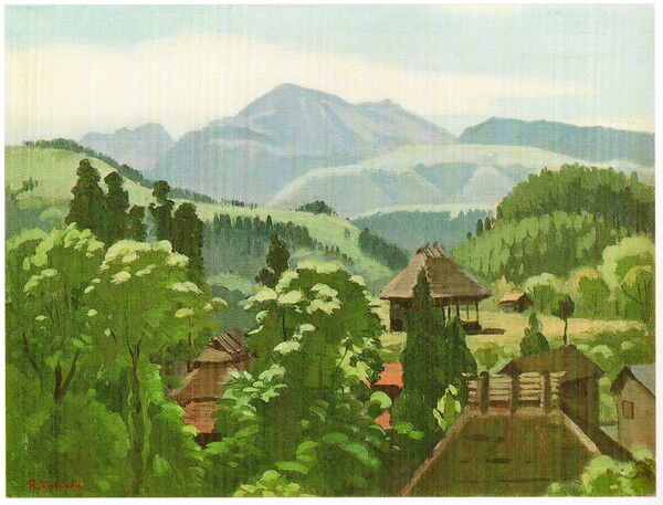 高田力蔵の油絵。 : 緑、美しい九重高原と自然、九重の山、草花