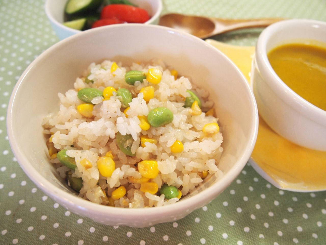 とうもろこしと枝豆のバター醤油ご飯 かぼちゃのシンプルポタージュ 気まぐれキッチン Andante