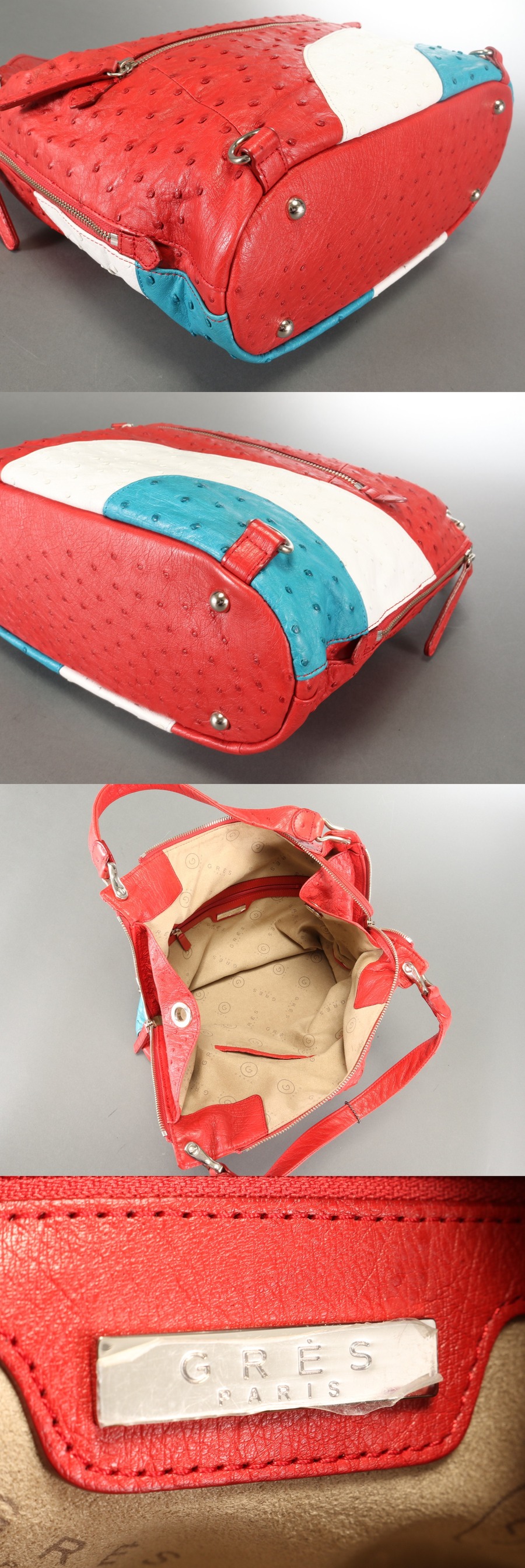 未使用 JRA認定 グレ GRES リアル オーストリッチ レザートリコロール カラー トート ハンドバッグ レディース 高級 かばん 革 823 1円 未使用 JRA認定 グレ GRES リアル オーストリッチ レザー