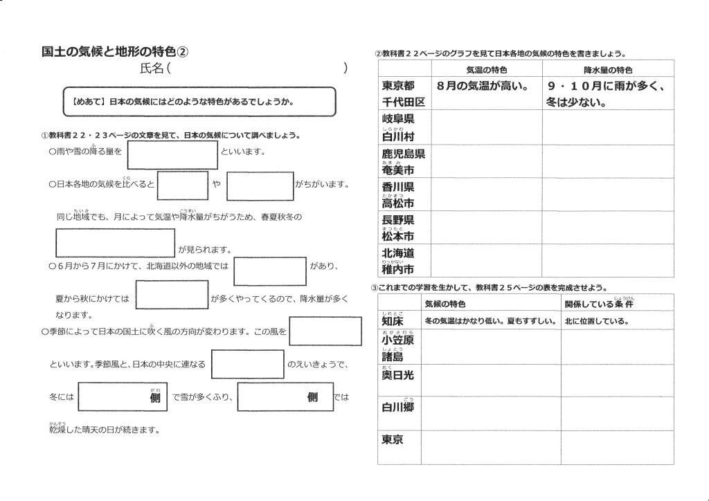 5年社会 日本の国土と世界の国々 国土の気候と地形の特色 家庭学習プリント ゲンタの授業ポートフォリオ