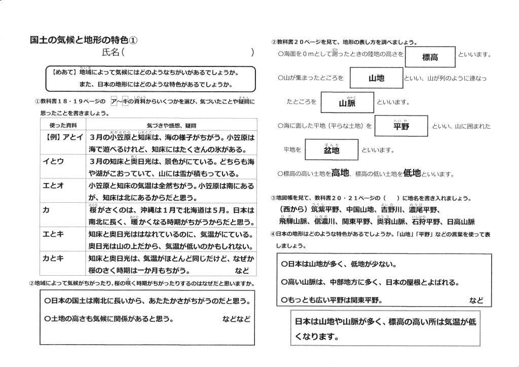 5年社会 日本の国土と世界の国々 国土の気候と地形の特色 家庭学習プリント ゲンタの授業ポートフォリオ