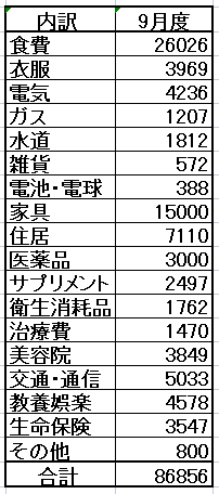 スクリーンショット 9月家計簿