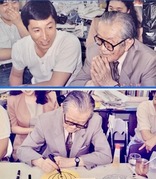 野口久光さん団扇の表に小鳥、裏に鳥籠を描く