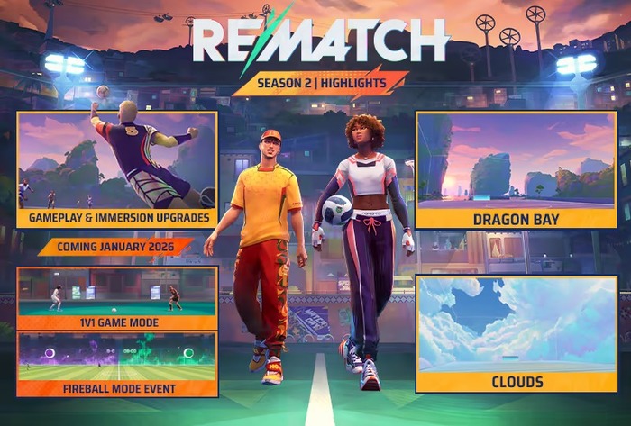 REMATCH_<br />
シーズン2″ hspace=”5″ class=”pict”  /></a></p>
<p>
各キャラクターにはステータス差が無く、<br />
スキルと戦術のみで試合展開します。<br />
オフサイドやファウルもありません。</p>
<p>ランクマッチはもちろん、<br />
3VS3、4VS4モードもあります。<br />
ソロでも練習モードが多数あり、タイムアタックなどもできます。</p>
<p><a href=