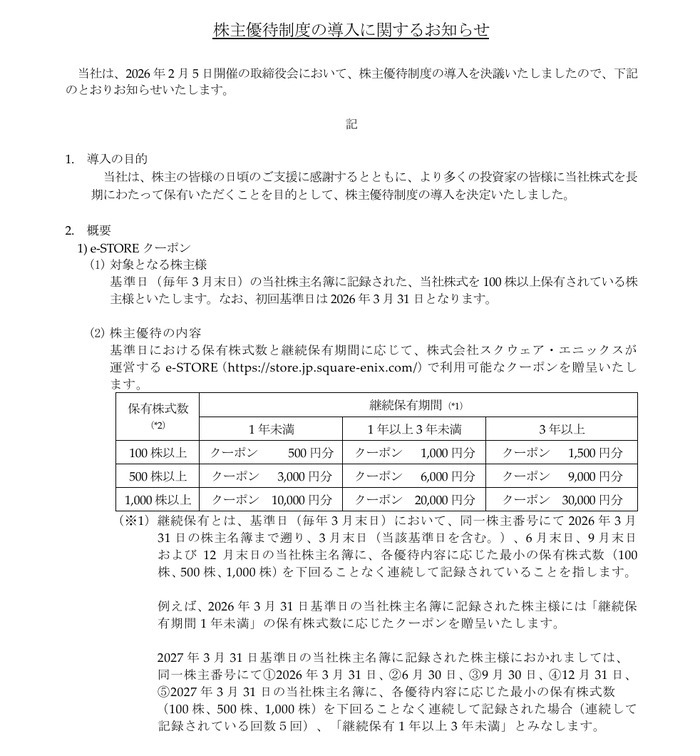［スクエニHD］株主優待制度の導入_1