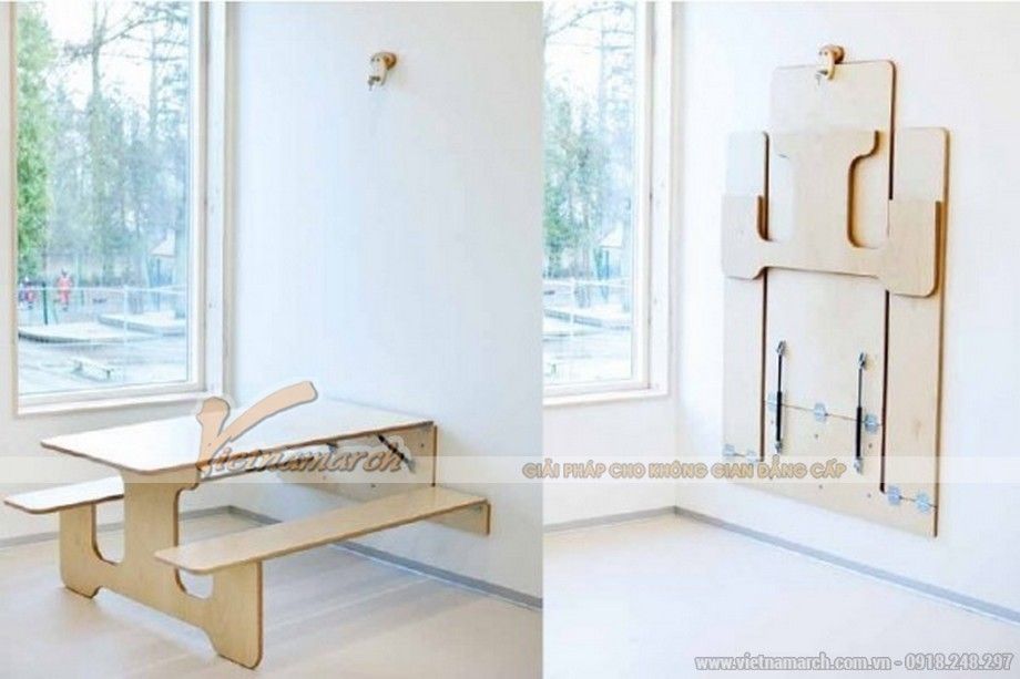 Chiếc bàn này gắn sẵn vào tường và có thể gập lên vô cùng gọn gàng Chiếc bàn này gắn sẵn vào tường và có thể gập lên vô cùng gọn gàng