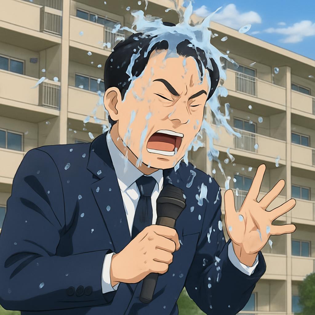 古謝玄太さん、市営住宅で演説中に冷や水（物理）を何度も大量に浴びせられてしまう