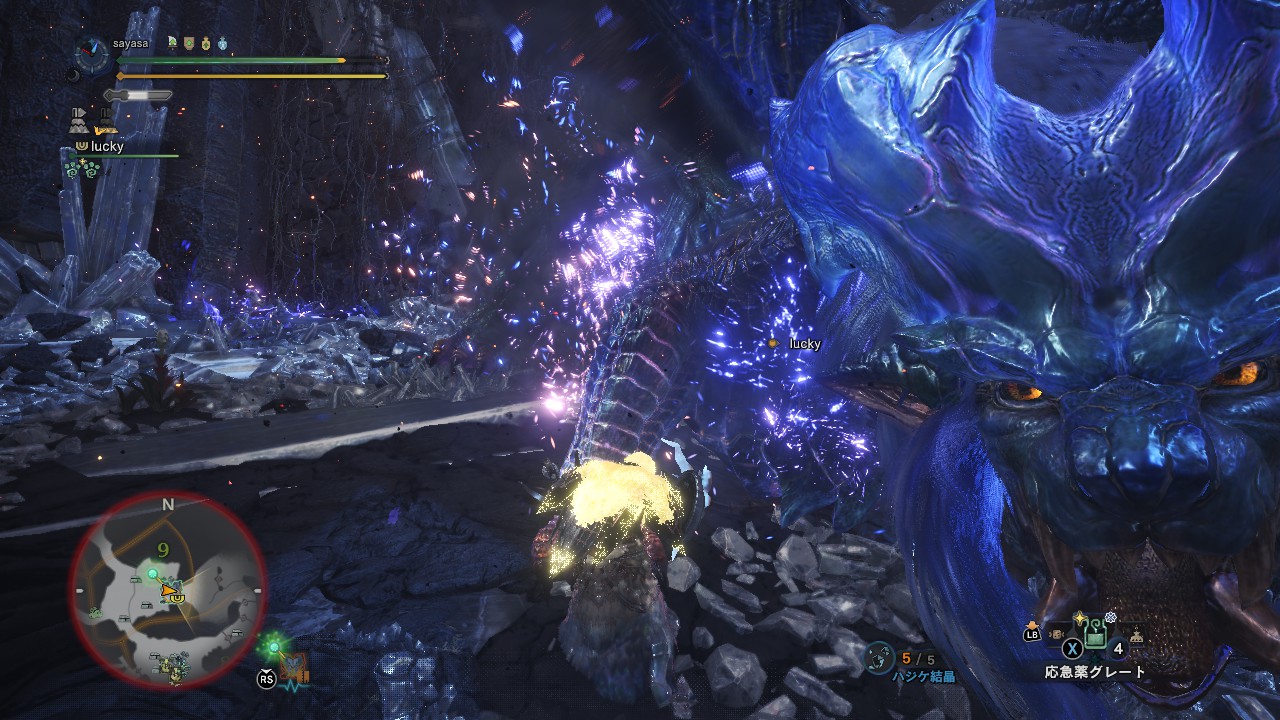 睡魔 管理人歴戦王ナナ テスカトリの青い炎に包まれる チョベリグ 道中