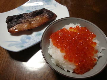 いくらご飯と鮭の味噌粕漬け