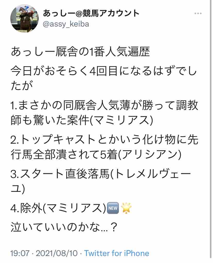 あっしー厩舎のお馬さん情報 21年8月その1 新入一口馬主の活動履歴
