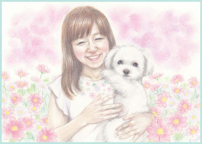 わんちゃんと一緒の似顔絵イラスト マル キャバ ブリタニー あとりえピノコ