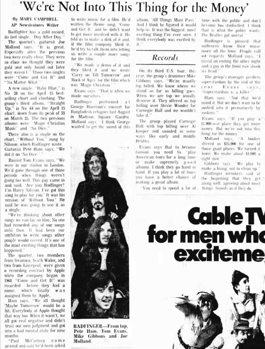 [Newspaper] Great Falls Tribune (April 23, 1972) Badfinger covers