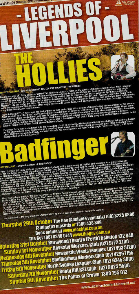 The Hollies  Badfinger Australian Tour 2009 Concert Flyer back