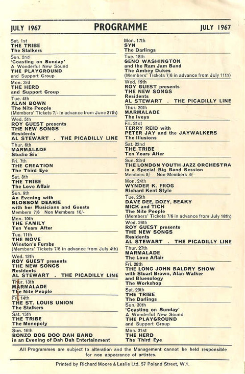 Marquee Club Programme July 1967