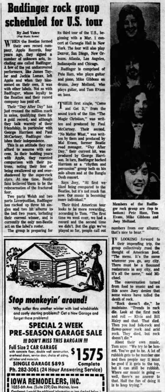 Newspaper The Des Moines Register Feb 27 1972 Badfinger Covers