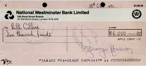 George Harrison signed check to Bill Collins