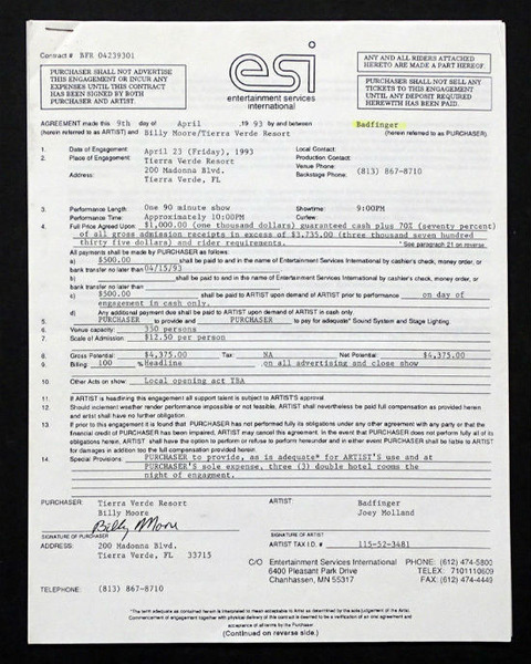 1993 Badfinger Florida Concert Contract