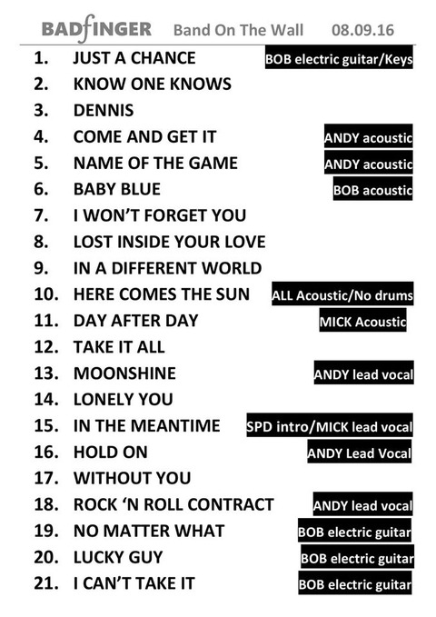 Badfinger Band On The Wall Sep 8, 2016 Set List