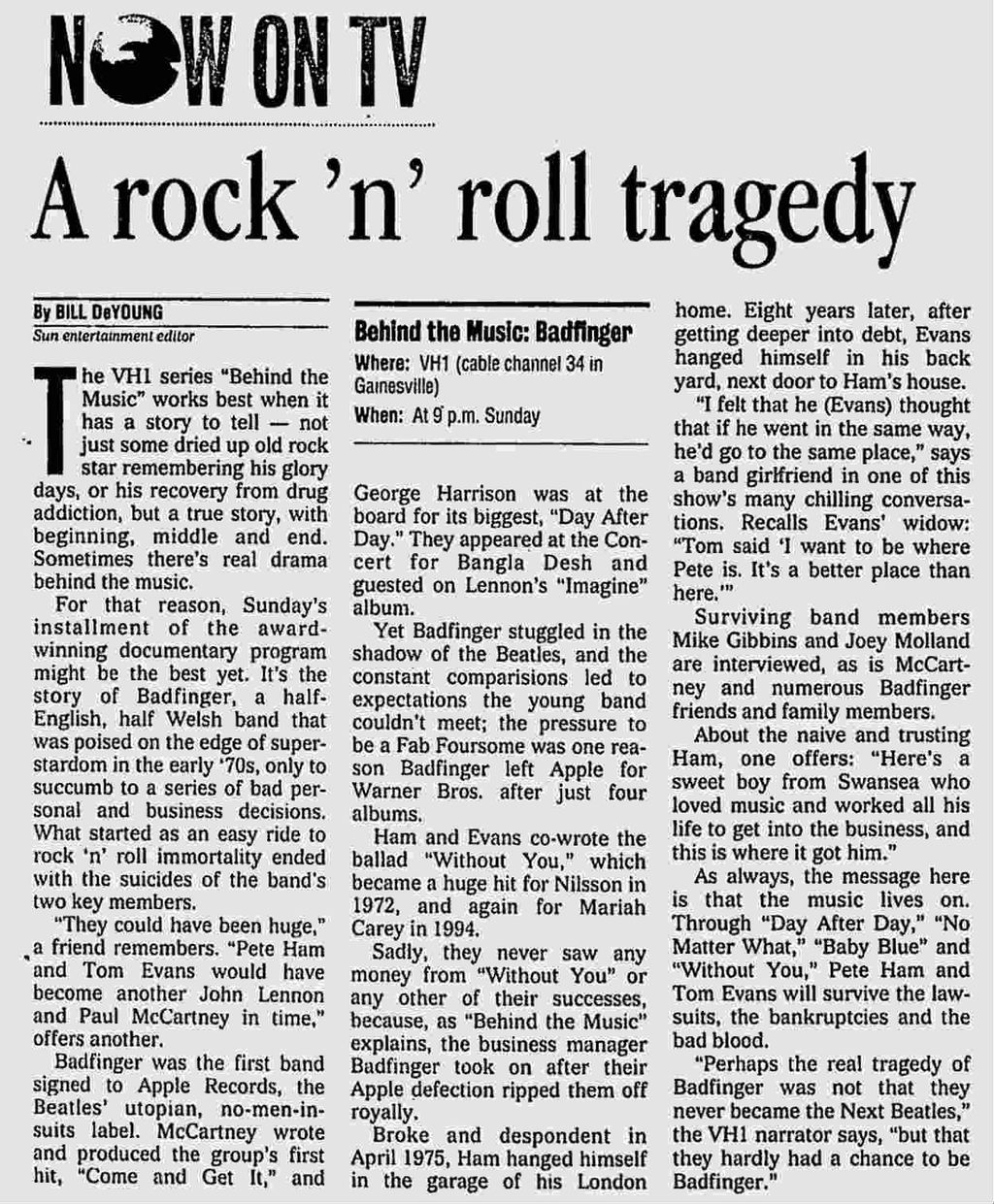 [Newspaper] Gainesville Sun (2000) Badfinger covers