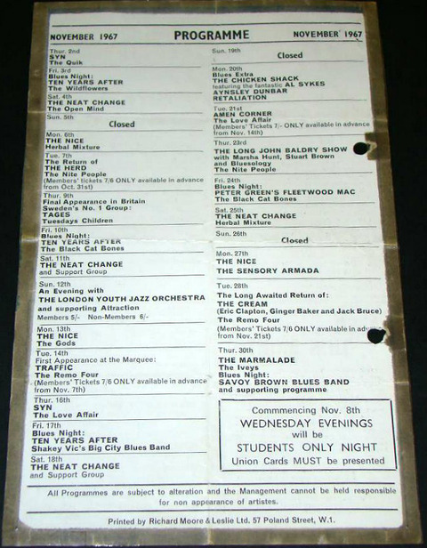 Marquee Club Programme Nov 1967