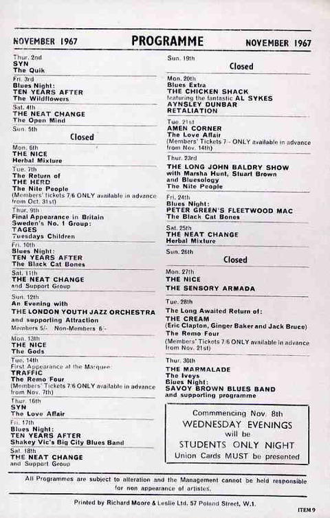 Marquee Club Concert Programme Nov 1967