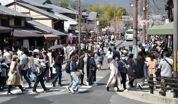 桜の見頃で京都・嵐山は人出増、関東から観光客も「思い出づくりは今しか」