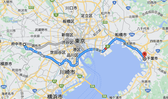 府中から千葉までバイクだと約70kmで約4時間もかかるのかよ