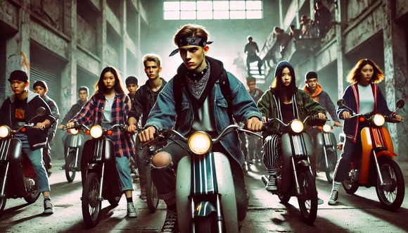 A_group_of_high_school_students_riding_mopeds_in_a
