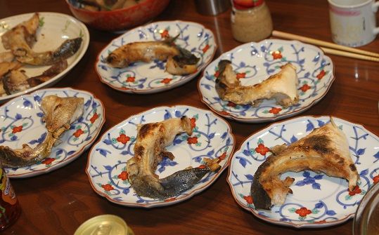 ヤズとカンパチのカマ塩焼き 豆腐サラダ 冬瓜汁 お父さんの料理日記 ヤズとカンパチのカマ塩焼き 豆腐サラダ 冬瓜汁 お父さんの料理日記