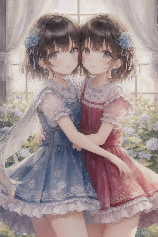 twin girls, embracing, light blue, flowers, watercolor