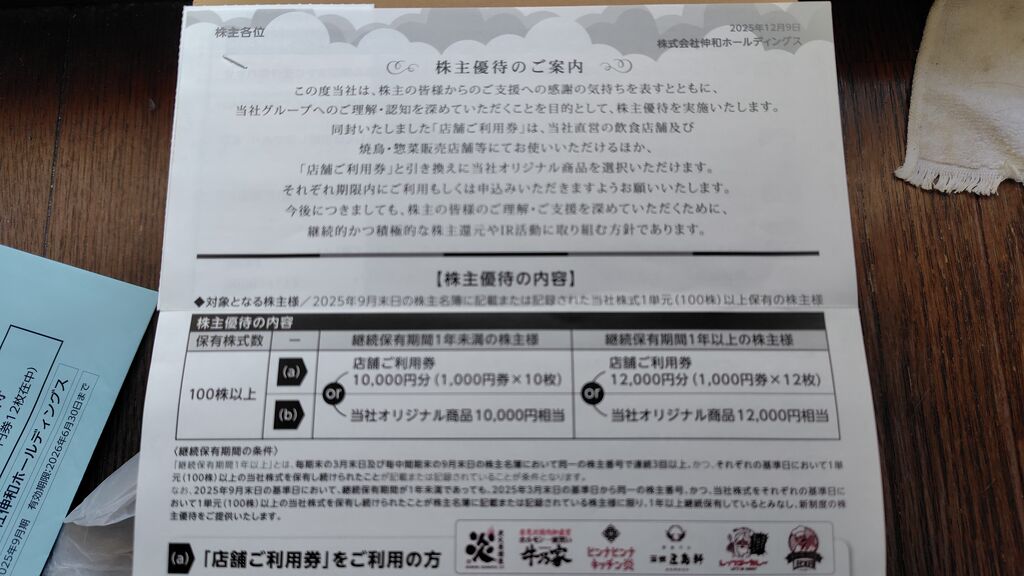 2025年12月11日 伸和ホールディングス株主優待券到着！ : Dance with