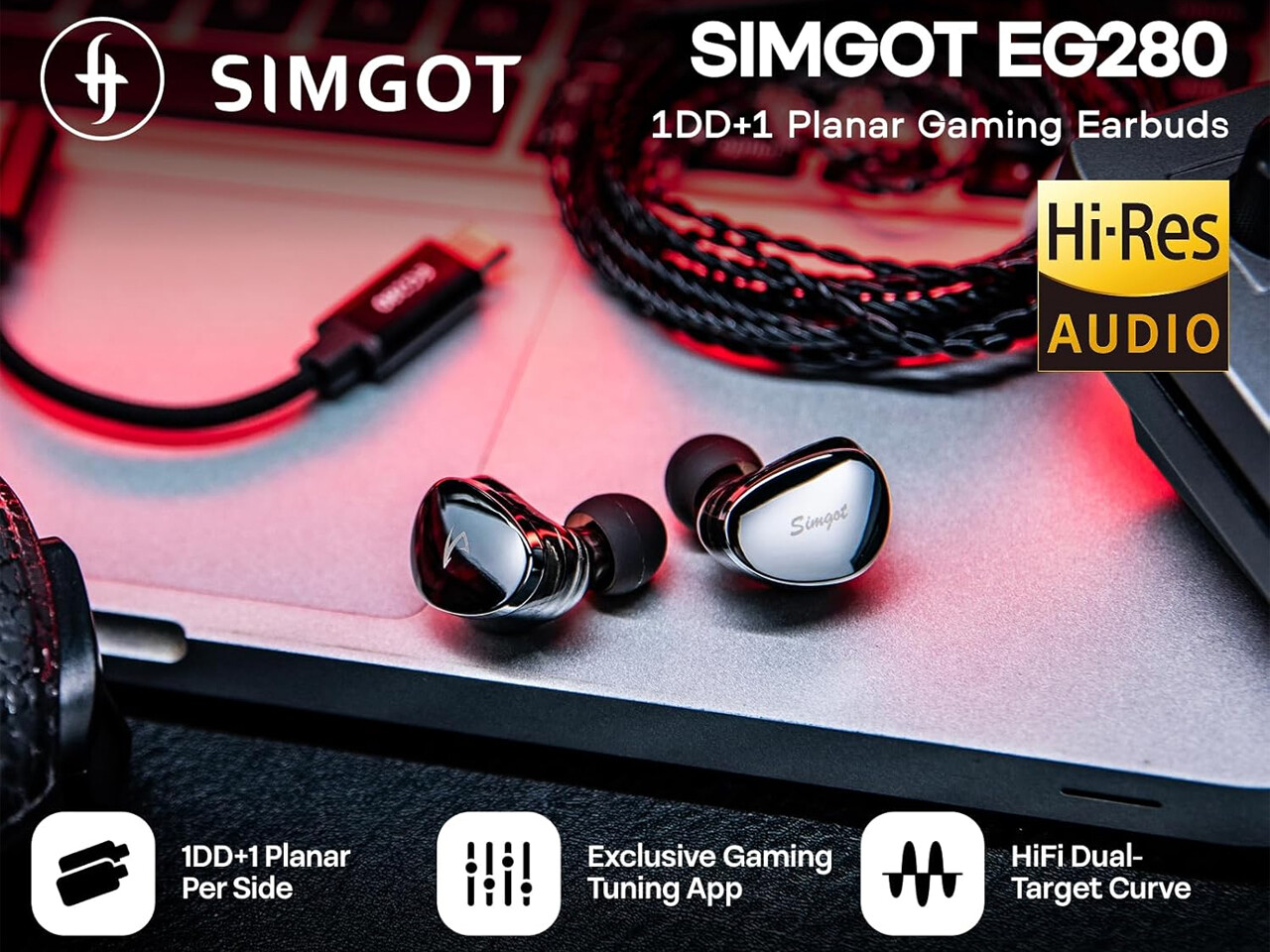 SIMGOT EG280」 1DD+1平面、USB-Cアダプター&専用アプリでゲーム用途を