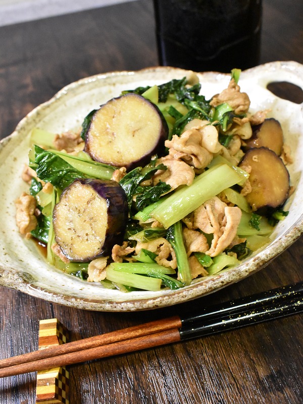揚げ茄子と豚肉の甘辛炒め (2)